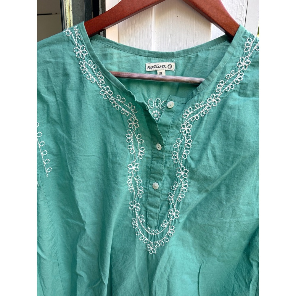 Natura Womens XL Teal Green Cotton Embroidered Boho Tunic Henley Long Top - Picture 6 of 6